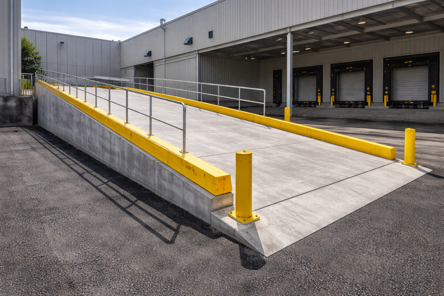 "Reinforced concrete truck ramp leading to a warehouse, with yellow safety railings, designed for smooth access for heavy vehicles at industrial storage facilities."