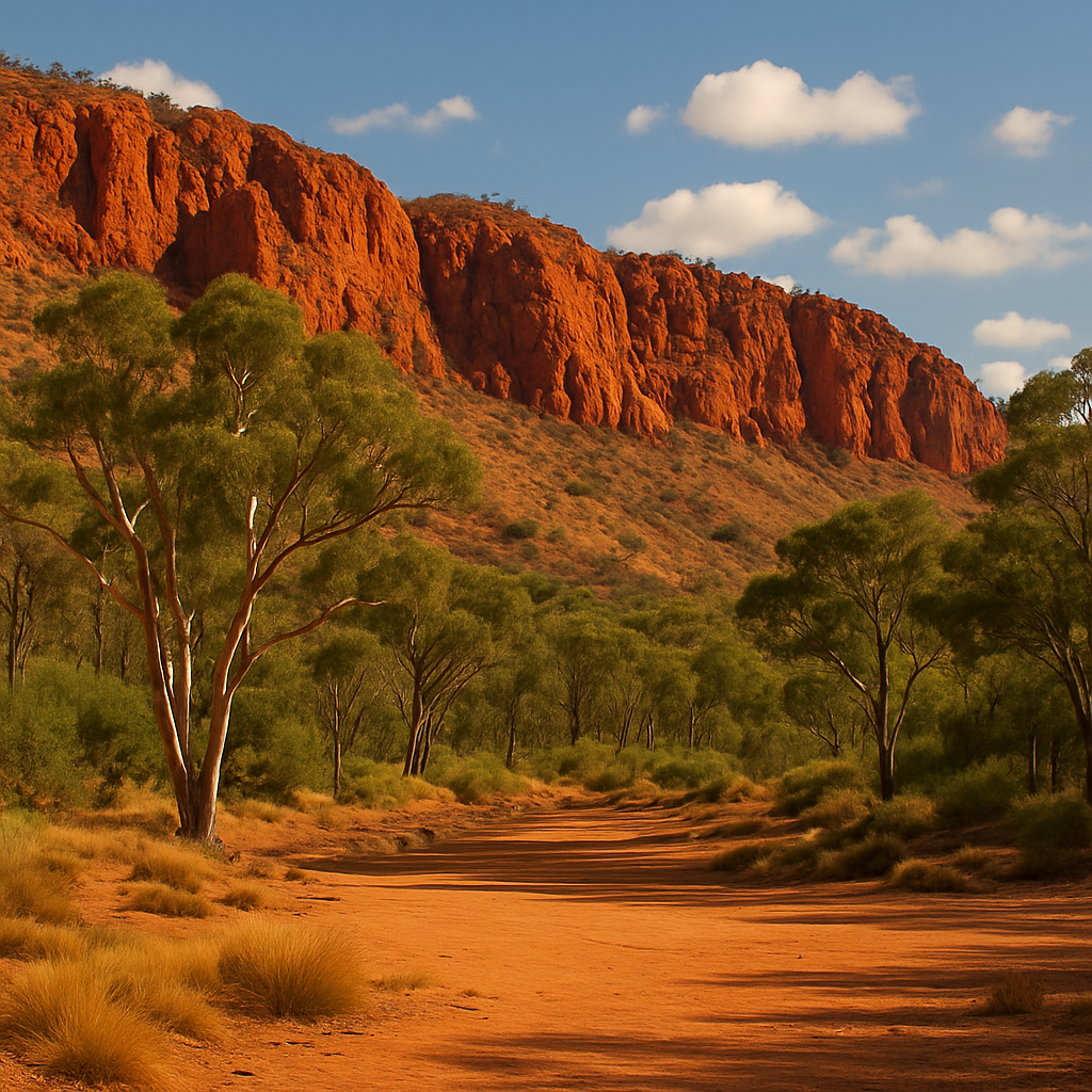 “MacDonnell Ranges red cliffs and gum trees in Alice Springs outback NT landscape under bright clear sky.”