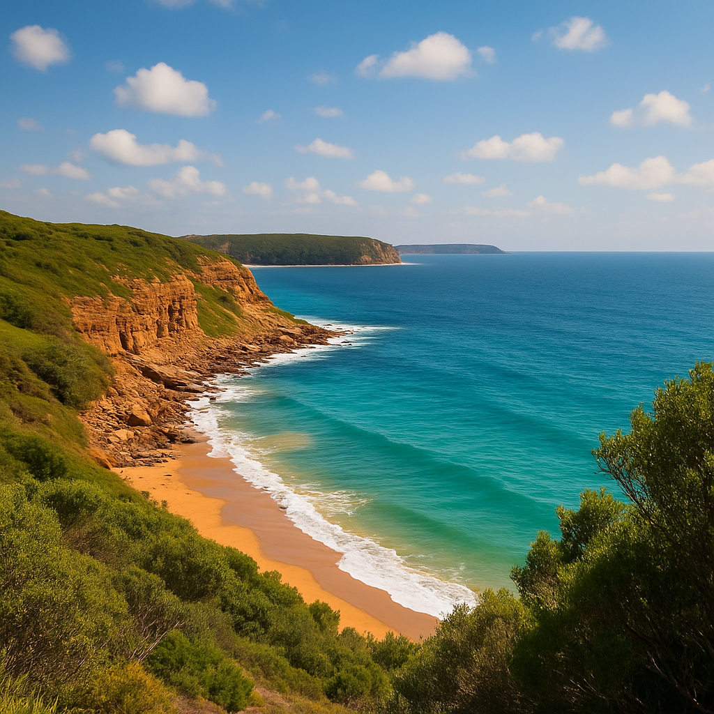 “coastal NSW headland with sandstone cliffs, blue ocean water and bright sun near Central Coast”