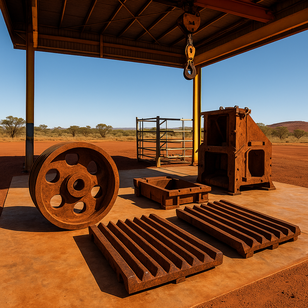 Semi-open WA Goldfields mining workshop with rusted jaw crusher components and wear plates on a concrete slab under an overhead crane, showcasing Structhaven industrial equipment support and structural systems for heavy mining operations.