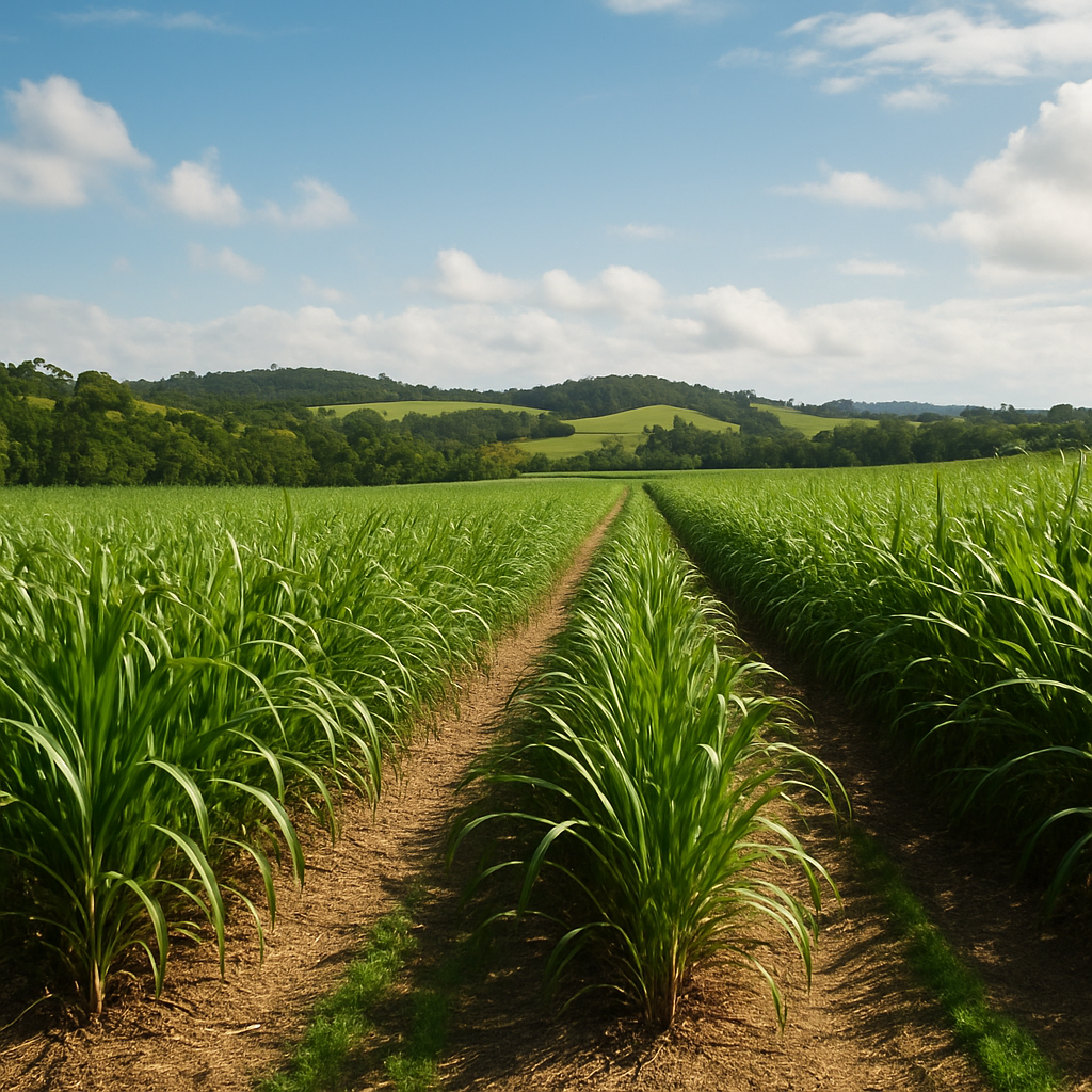 “Square image of lush green sugar cane farmland rows with rolling hills and blue sky in the Wide Bay–Burnett region of Queensland.”