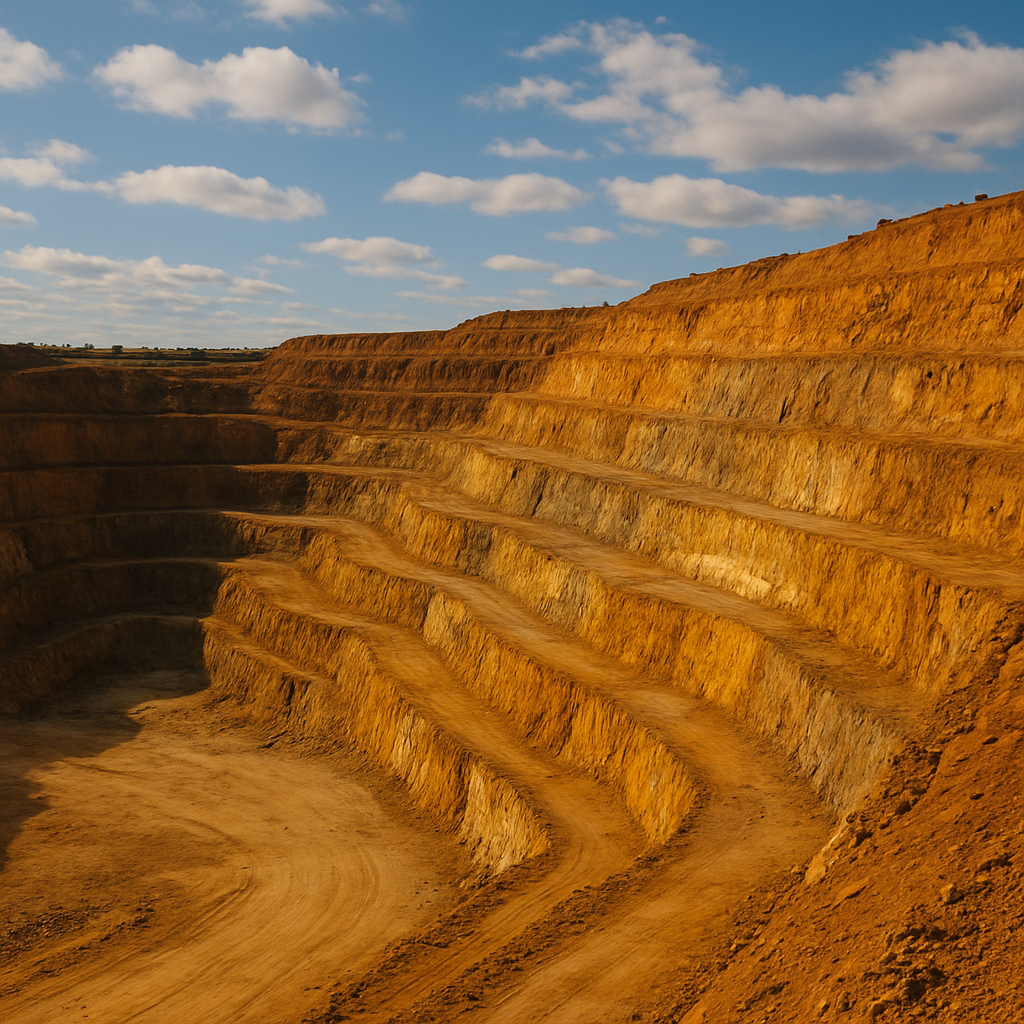 Square image of WA goldfields open cut mine benches layered in ochre earth - representing Kalgoorlie style mining geology, pit wall benches and mine infrastructure