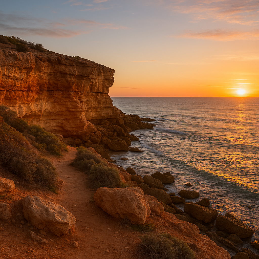 Scenic coastal view from fleurieu peninsula and kangaroo island showing rugged cliffs, calm ocean and small harbour under sunset light. showcasing structhavens drafting expertise for coastal, residential and tourism based developments in south aus
