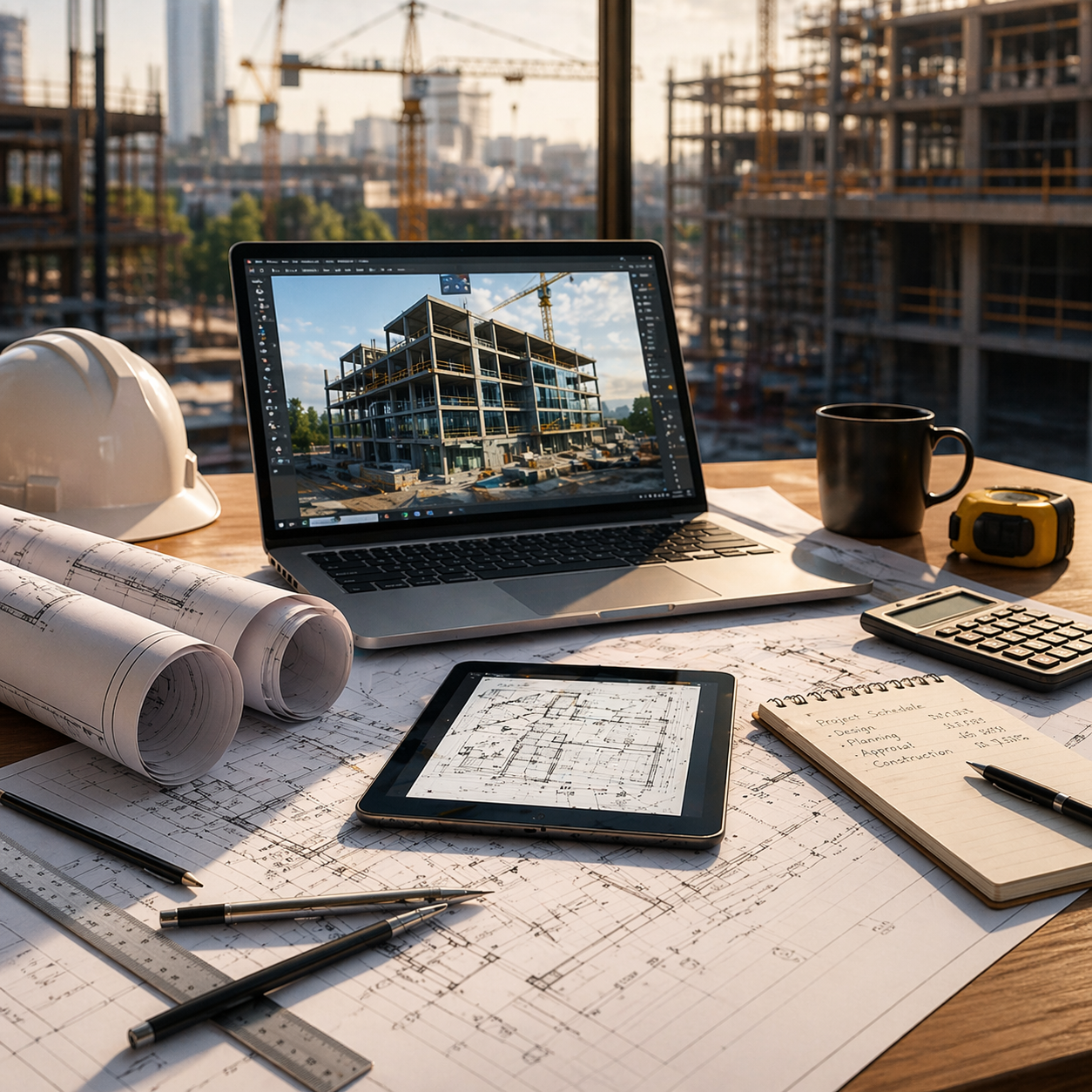 Architectural blueprint plans, a hard hat, a laptop displaying a building under construction, a tablet with a building design, pencils, ruler, drawing tools, a calculator, a coffee mug, a measuring tape, and a construction site visible through a large window in the background.