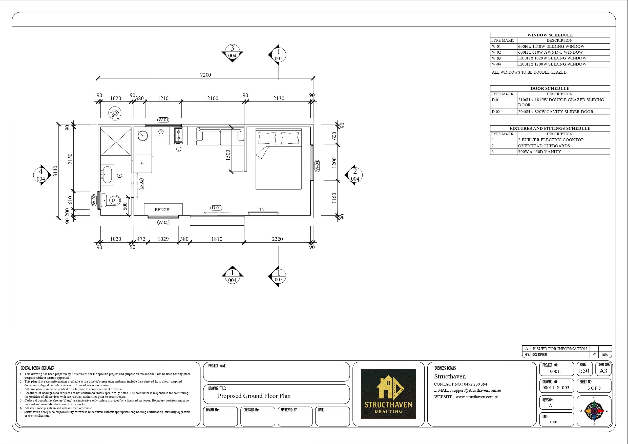 “Architectural drawing of a custom residential pod showing the floor plan, living areas, bedroom, bathroom and functional internal layout for the Aldinga Beach project.”