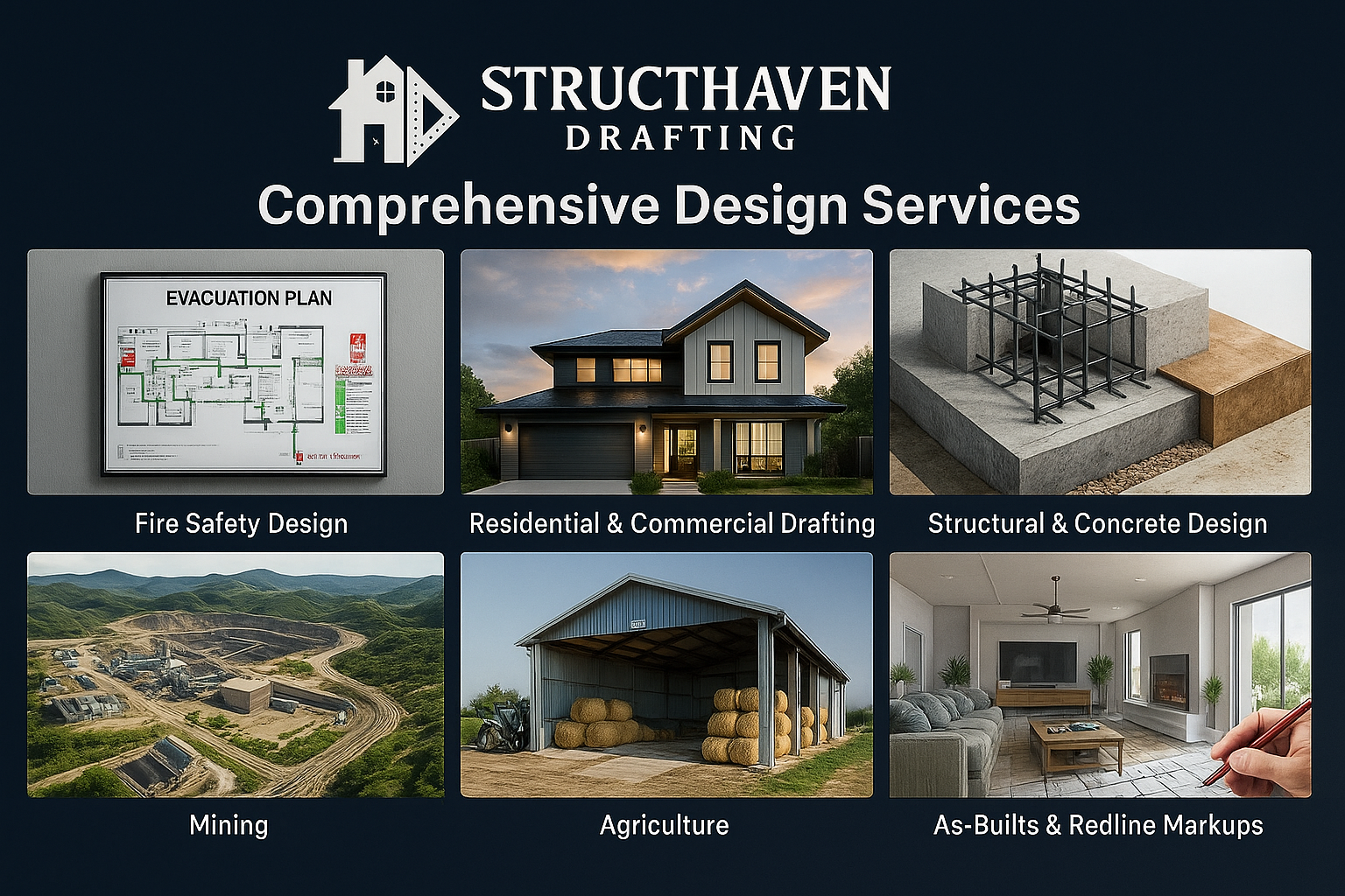 Fire Safety Design, Residential & Commercial Drafting, Structural & Concrete Design, Mining Design, Agriculture Design, As-Builts & Redline Markups