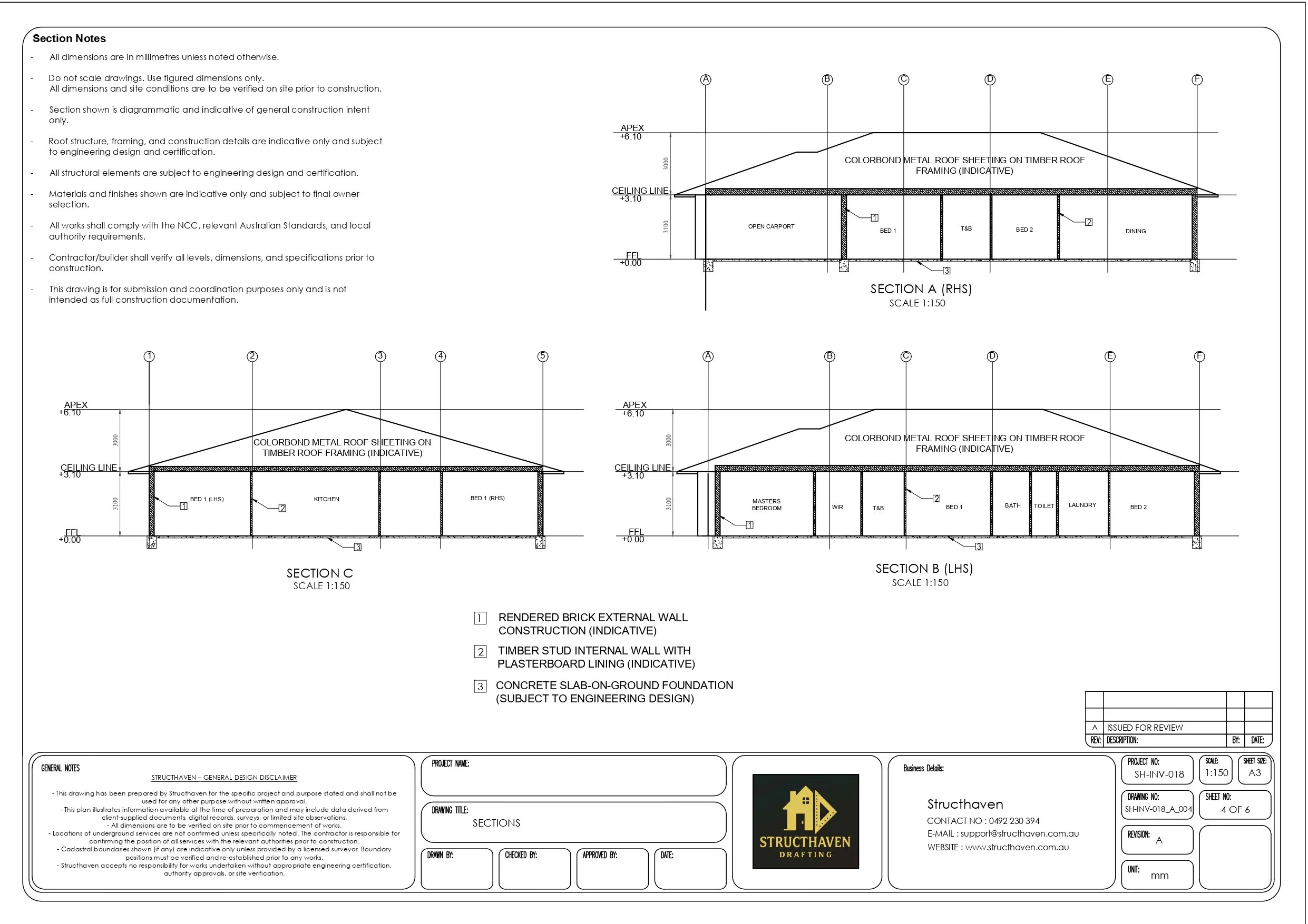 “Building sections of the residential dwelling showing internal layouts, ceiling heights, and roof structure.”