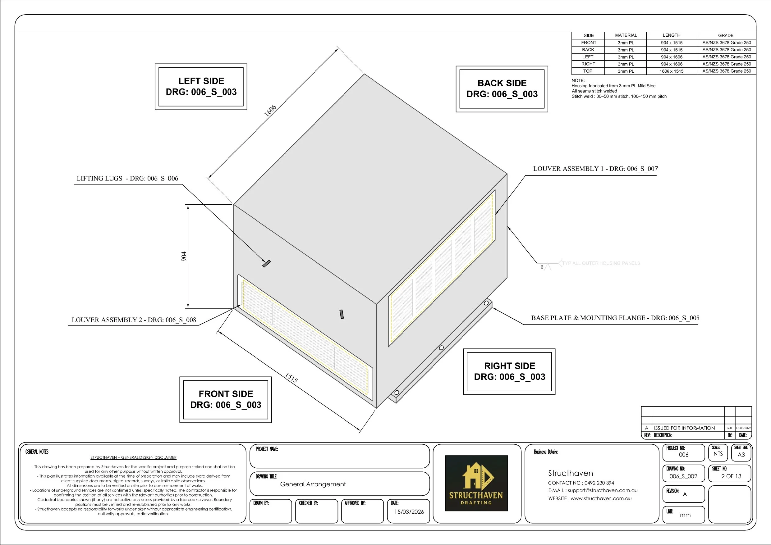 "General arrangement drawing for sound attenuated housing showing front, left, right, back side views, base plate, mounting flange, and louvre assembly."