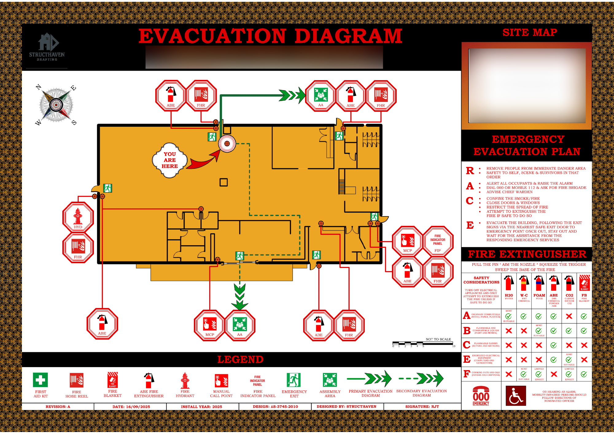 Structhaven evacuation diagram block plan showing clear escape routes, fire equipment locations and assembly areas for commercial building compliance in Australia.