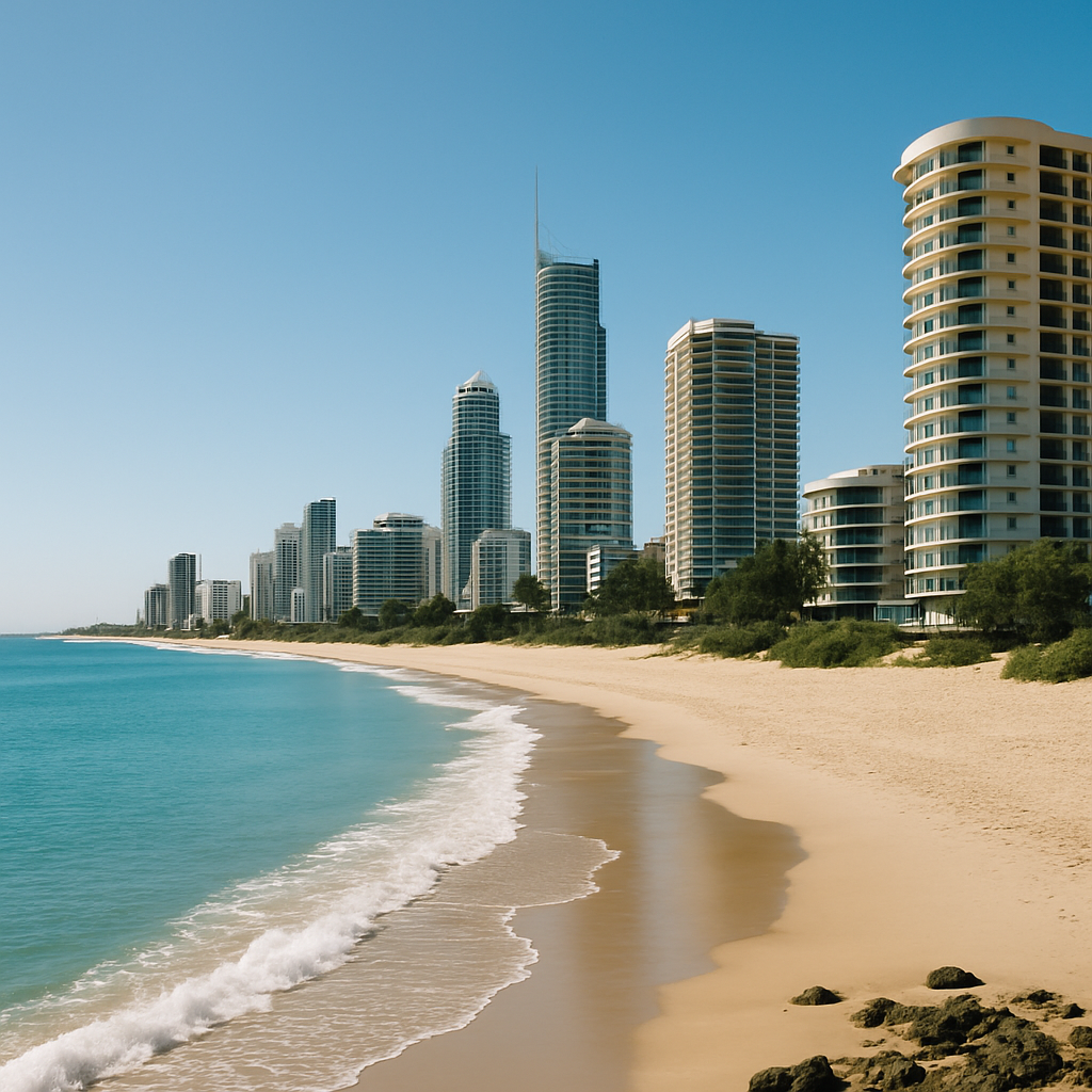 “Square image of Gold Coast high-rise skyline beside long sandy beach and turquoise ocean in South East Queensland.”