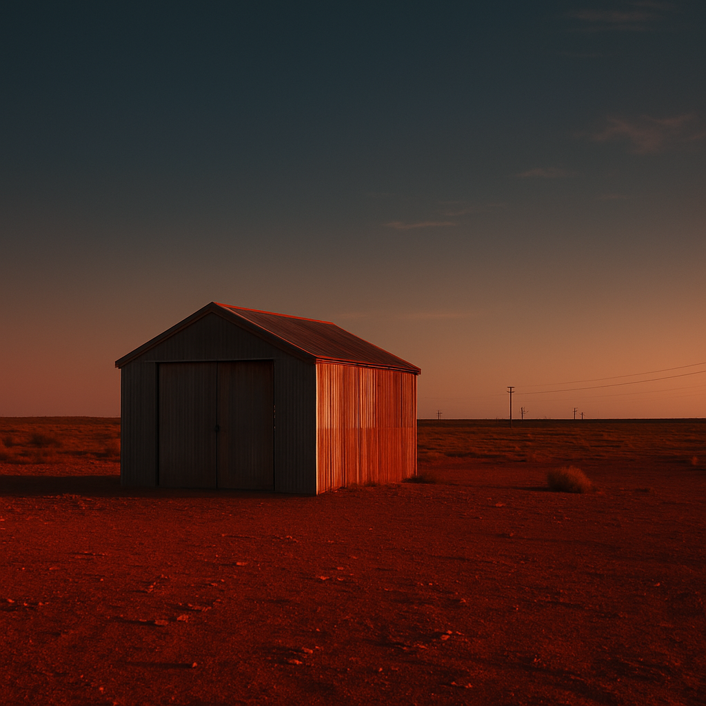 Warm dusk image of Outback Victoria showing red earth, a solitary corrugated-iron shed, and distant powerlines beneath an orange sky - illustrating Structhavens drafting support for remote and industrial projects in regional Victoria