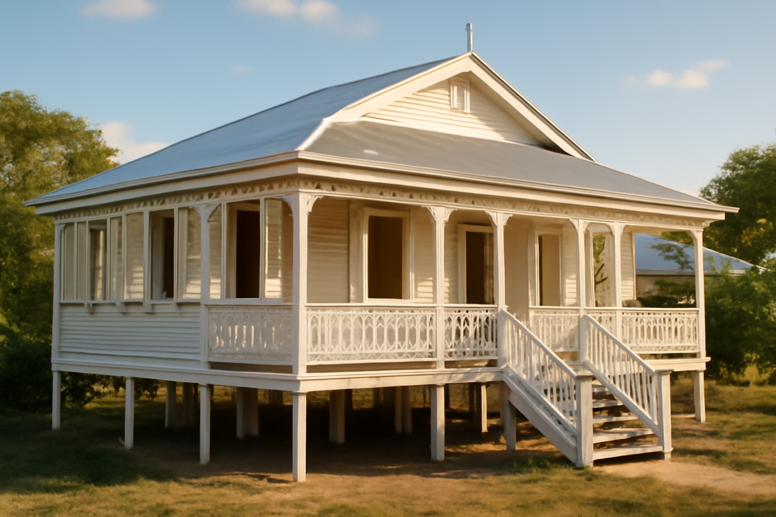 "Classic Queenslander house with a wide verandah and ornate timber details in daylight."
