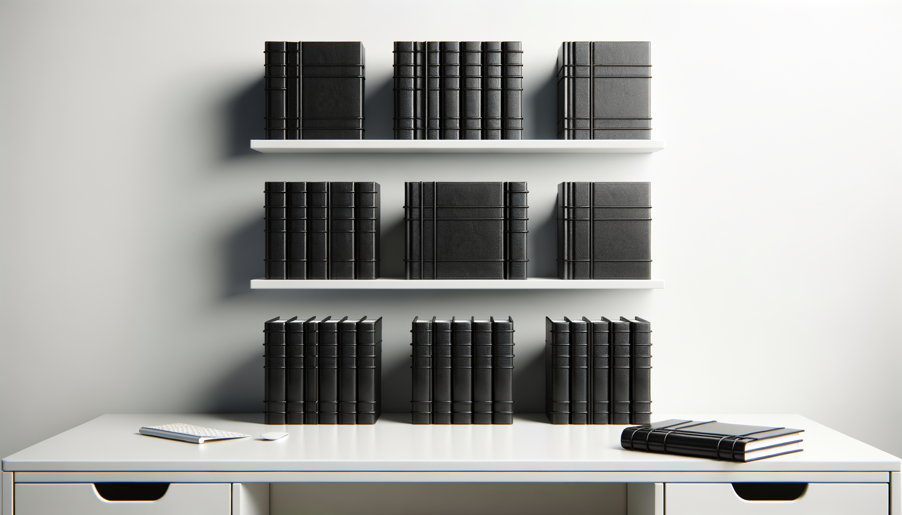 A white desk with several black hardcover notebooks and a small keyboard and mouse, with three white shelves above holding more black notebooks arranged neatly.