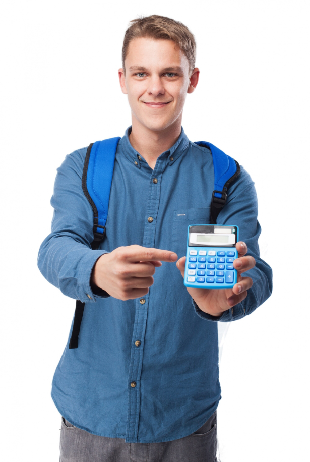 Young man with a blue backpack holding a calculator and pointing at it against a white background.
