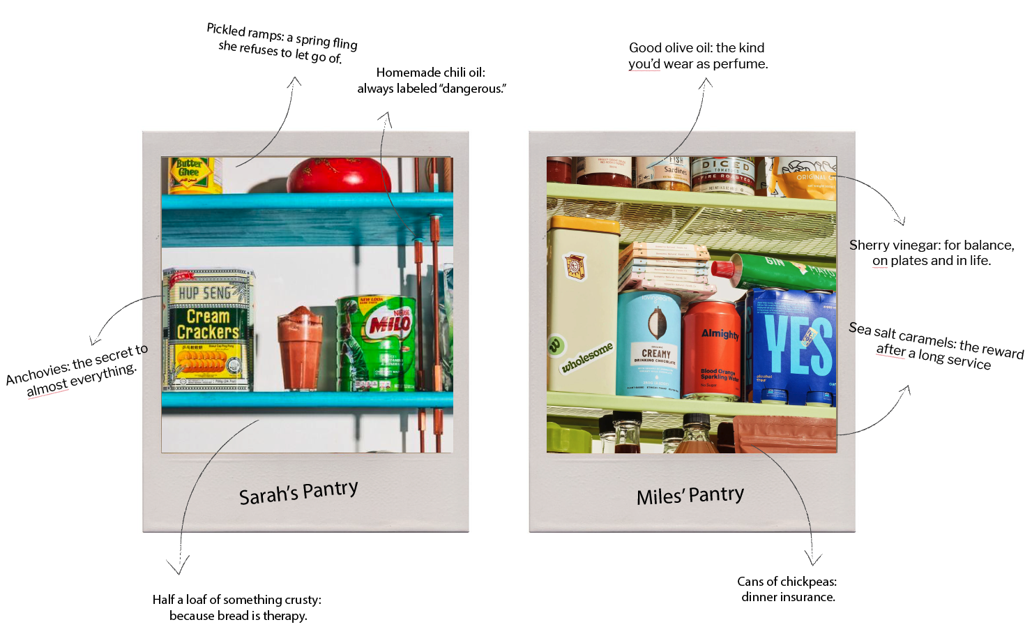 A grocery refrigerator with two pantry sections labeled Sarah's Pantry and Miles' Pantry. Sarah's Pantry contains cream crackers, Milo, and a red tomato, with a label on the tomato citing homemade chili oil. It also has pickled ramps and crusty bread. Miles' Pantry has canned fish, sauces, and chocolate, with labels referencing condiments, drinks, and dinner insurance. Handwritten annotations describe items: pickled ramps as a spring fling, homemade chili oil as dangerous, olive oil as perfume, vinegar for balance, salt caramels for reward, and bread as therapy.