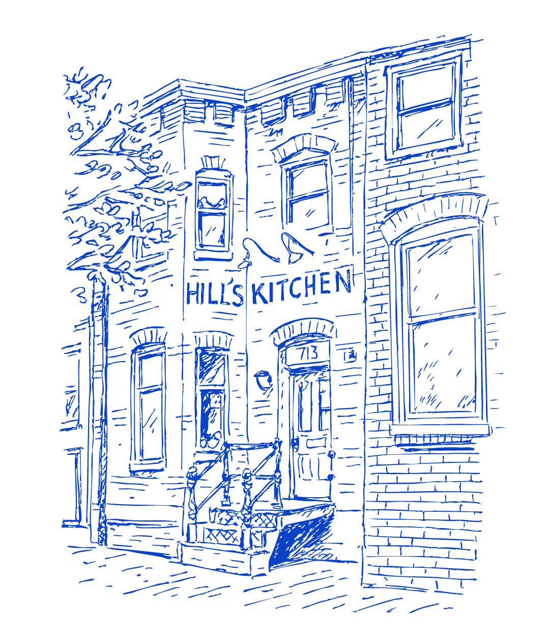Line drawing of a multi-story brick building labeled 'HILLS KITCHEN,' featuring large windows, a small set of stairs with a railing, and a streetlamp nearby.