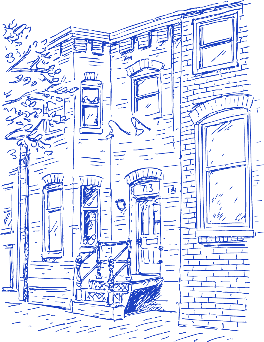 Line drawing of a brick building with multiple windows, a door with stairs and railing, a tree with leaves, and a streetlamp.