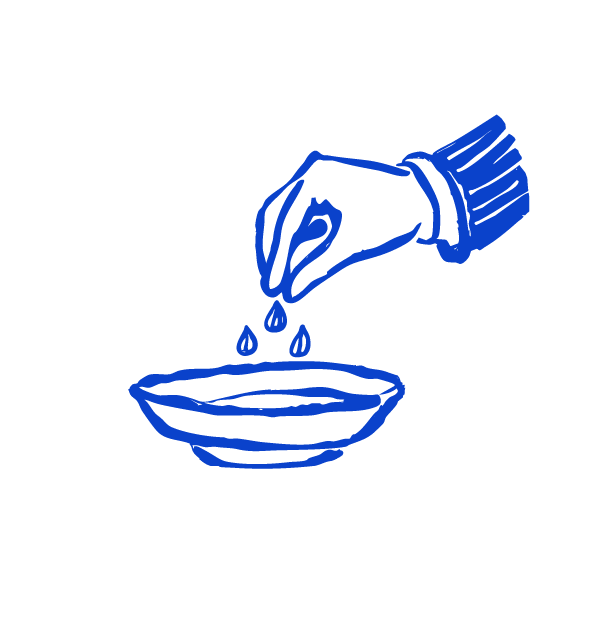 Blue line drawing of a hand sprinkling salt onto a small bowl.
