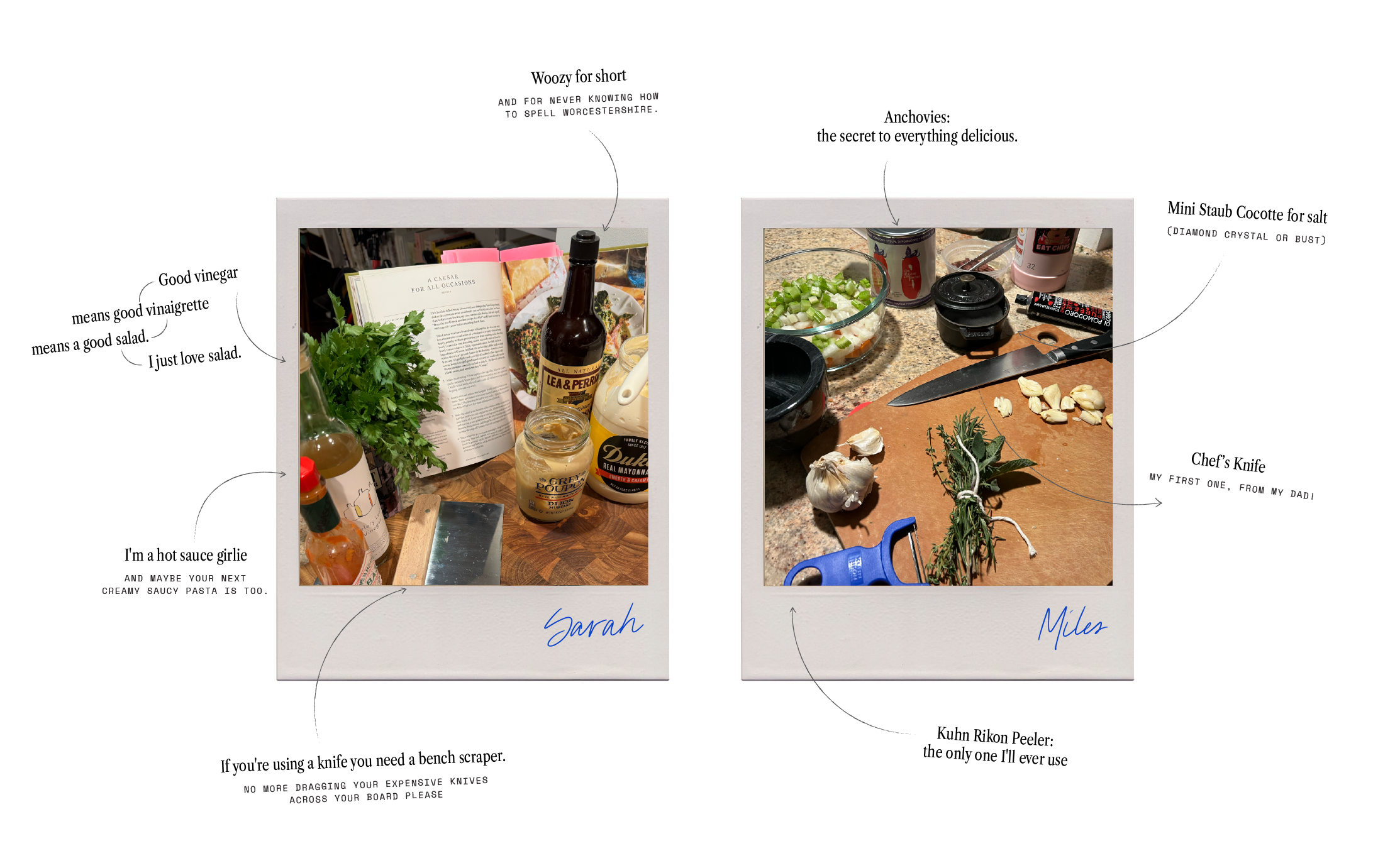 A collage of two photographs of kitchen counter scenes. The left photo shows herbs, a cookbook, condiments, and a bottle of Lea & Perrins sauce, with the name Sarah handwritten at the bottom. The right photo displays garlic, a knife, chopped garlic, a bowl of chopped vegetables, and herbs, with the name Milez handwritten at the bottom.