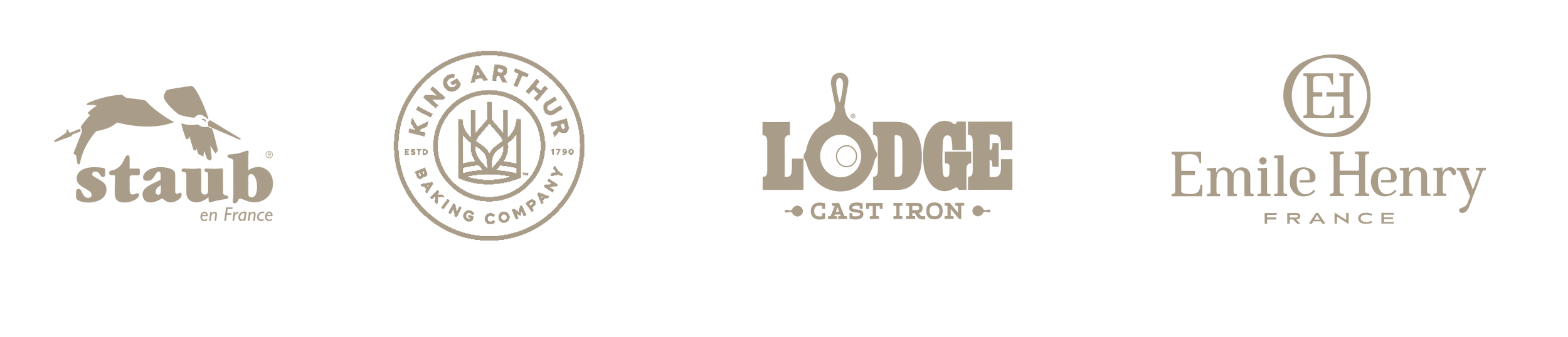 Collection of four monochrome logos for brands: Staub en France, Killing Arthur Baking Company, Lodge Cast Iron, and Emile Henry France.