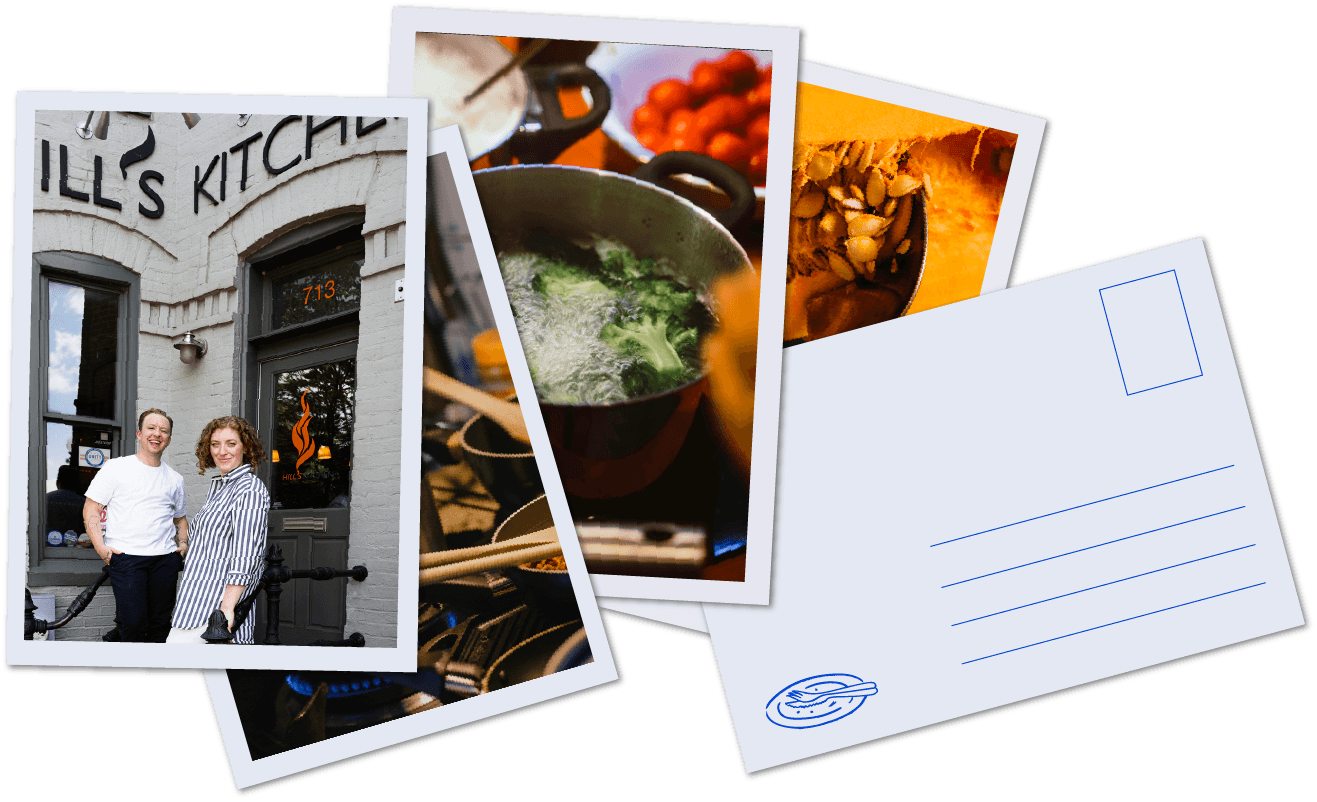 A collage of photos featuring a restaurant exterior, cooking ingredients on a stove, and bowls of food, along with a blank postcard with a small illustration of a steamed bun at the bottom left corner.