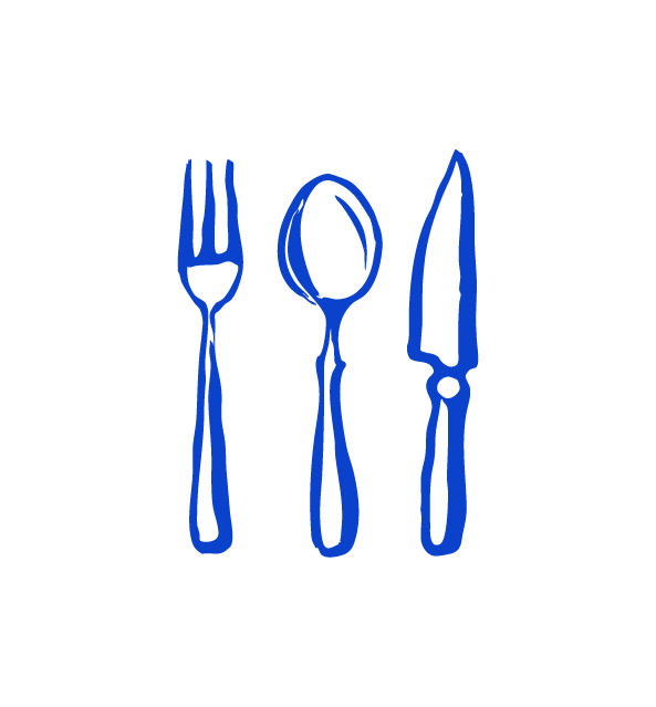 Blue line drawing of a fork, spoon, and knife on a black background.