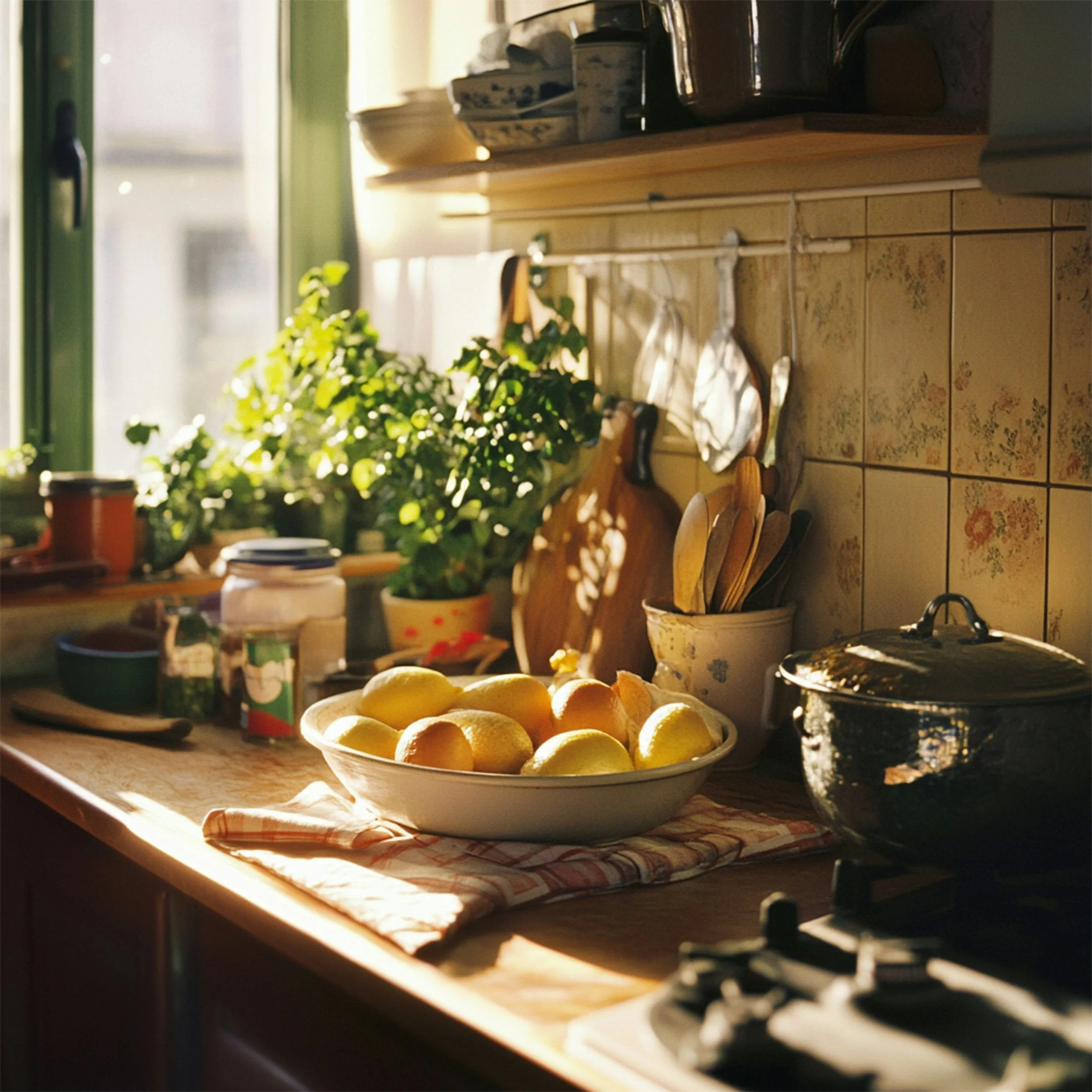 A sunny kitchen countertop with a bowl of lemons, potted plants, jars, and various kitchen utensils.