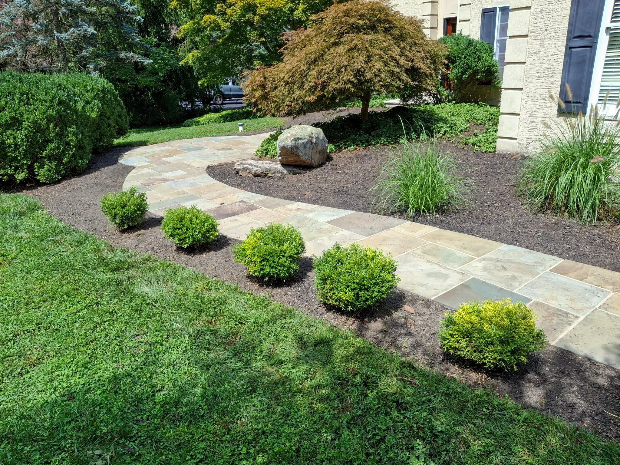 Well-maintained front yard with a curved stone pathway, small green shrubs, a large decorative rock, and various plants and trees near a house with blue shutters.