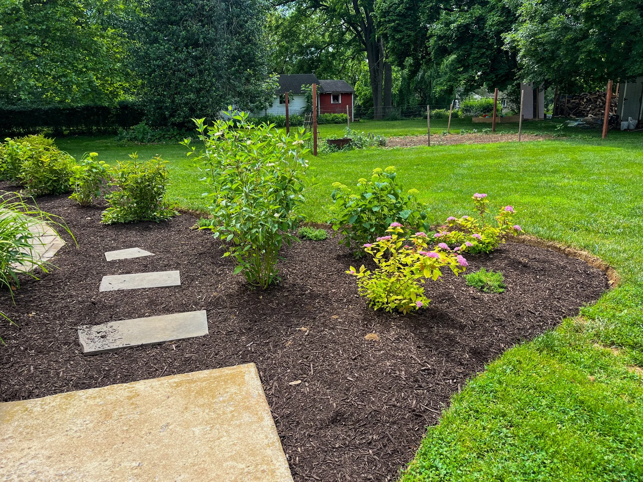 A well-maintained backyard garden with a stone pathway, green grass, bushes, and trees, with a small shed and woodpile in the background.