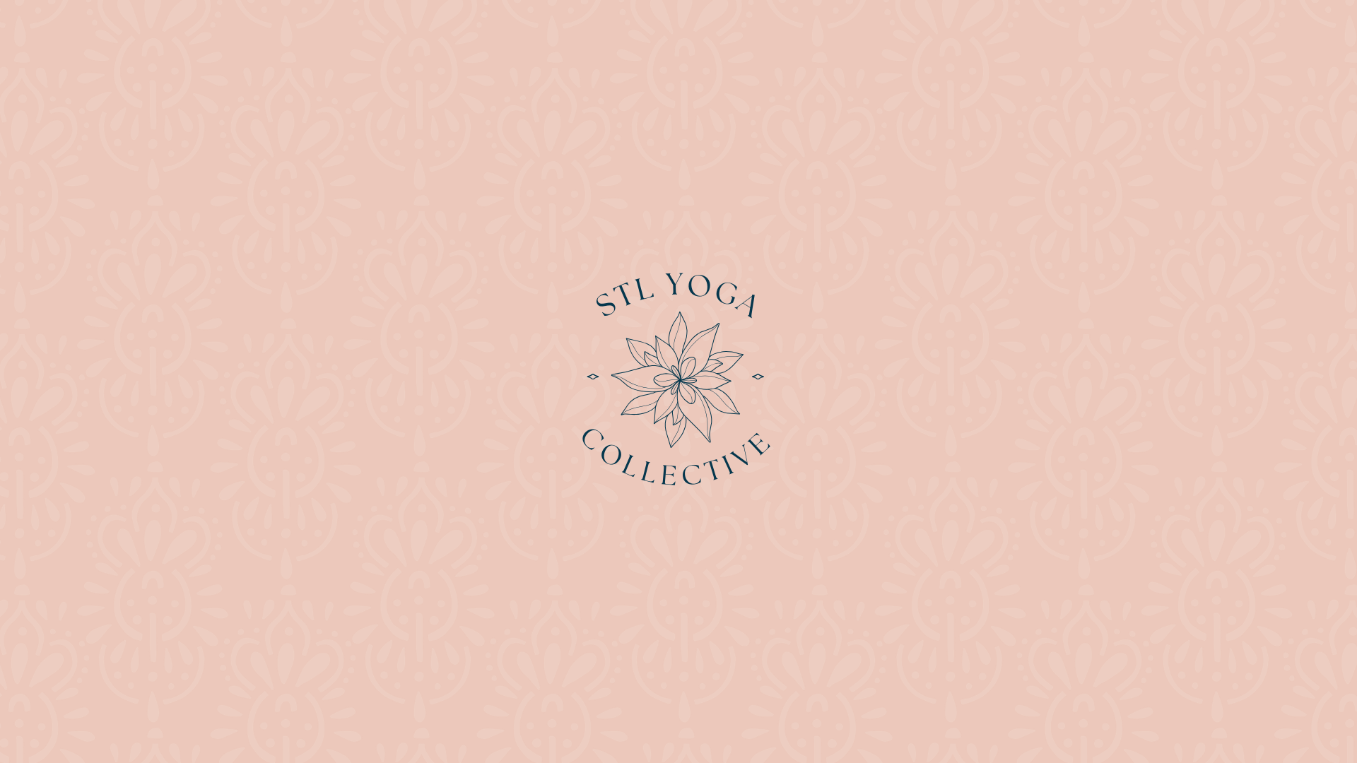 Pink background with a repeating pattern of a lotus flower design and the text "STL YOGA COLLECTIVE" surrounding a central lotus flower logo.