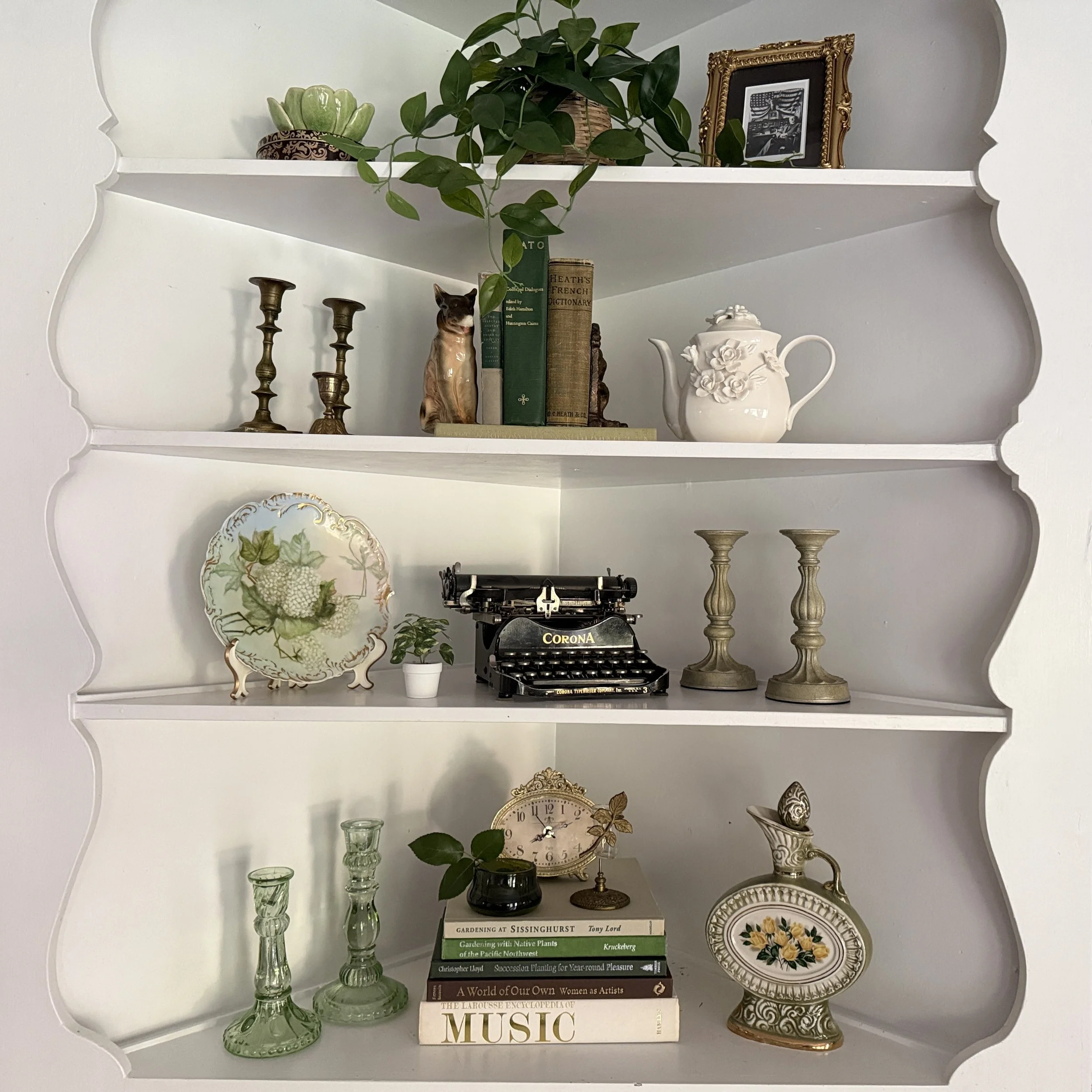 How to Style Corner Shelves with Antiques, Books and Greenery