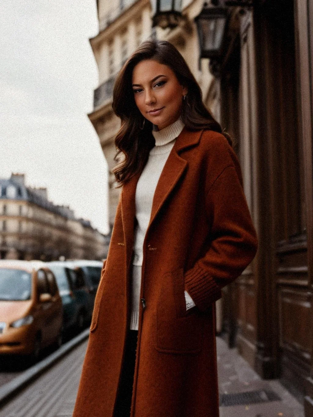 Ashleigh Chavez Chula Vista in an overcoat standing in the streets of Europe posing
