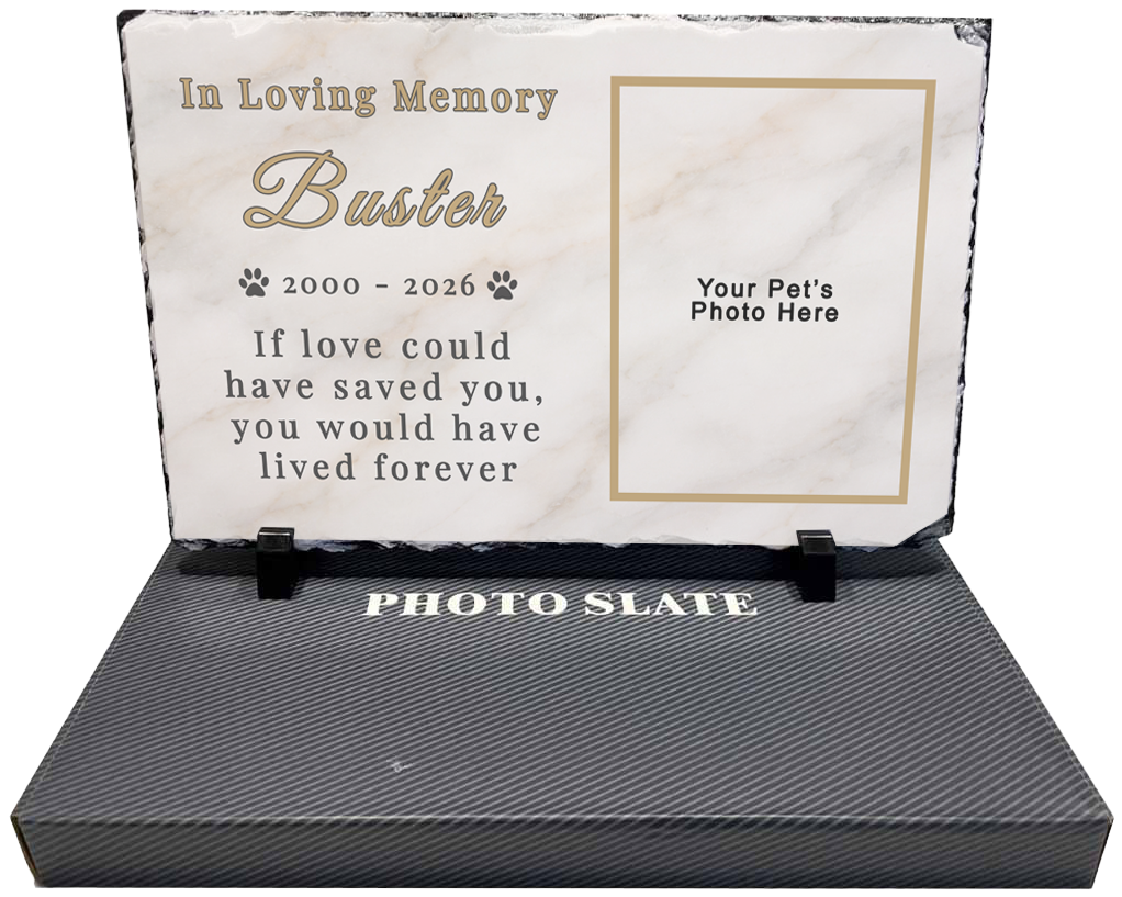 A memorial photo slate with a marble style background. The slate has space for a pet's name, dates, photo and a sentimental message about the pet's lasting memory.