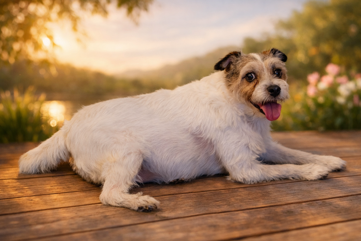 A Happy Smiling Dog, Laying down with sunset background.