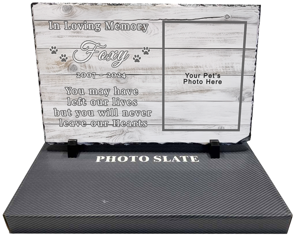 A memorial photo slate with a timber style background. The slate has space for a pet's name, dates, photo and a sentimental message about the pet's lasting memory.