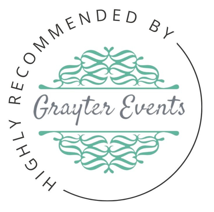 A circular logo for Grayer Events with an ornate teal decorative border, and the text "Highly Recommended By" curved around the top and "Grayer Events" in the center in a script font.