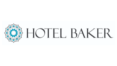 Logo of Hotel Baker with a decorative blue and gray emblem and the text 'HOTEL BAKER' in black.