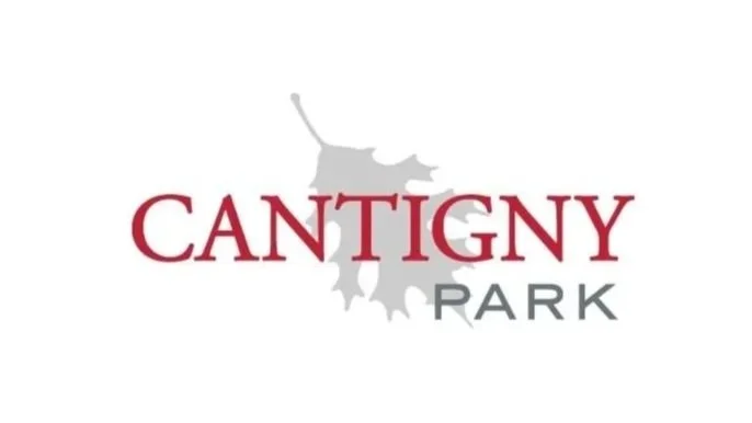Logo for Cantigny Park featuring a gray leaf silhouette with the text 'Cantigny Park' in red and gray.