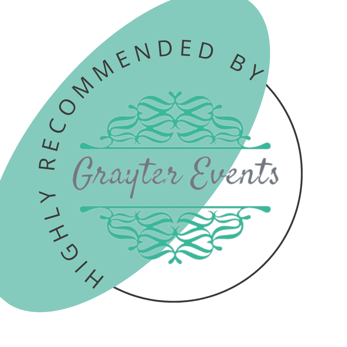 Logo with circular text reading 'HIGHLY RECOMMENDED BY' and 'Grayter Events' in the center, featuring a decorative floral design, on a teal background.