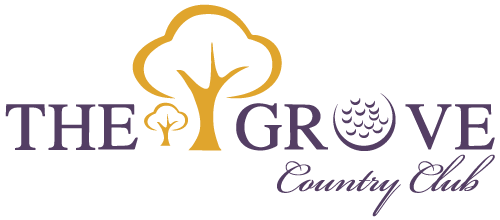 Logo for The Grove Country Club, featuring a stylized tree and water design with purple and gold colors.