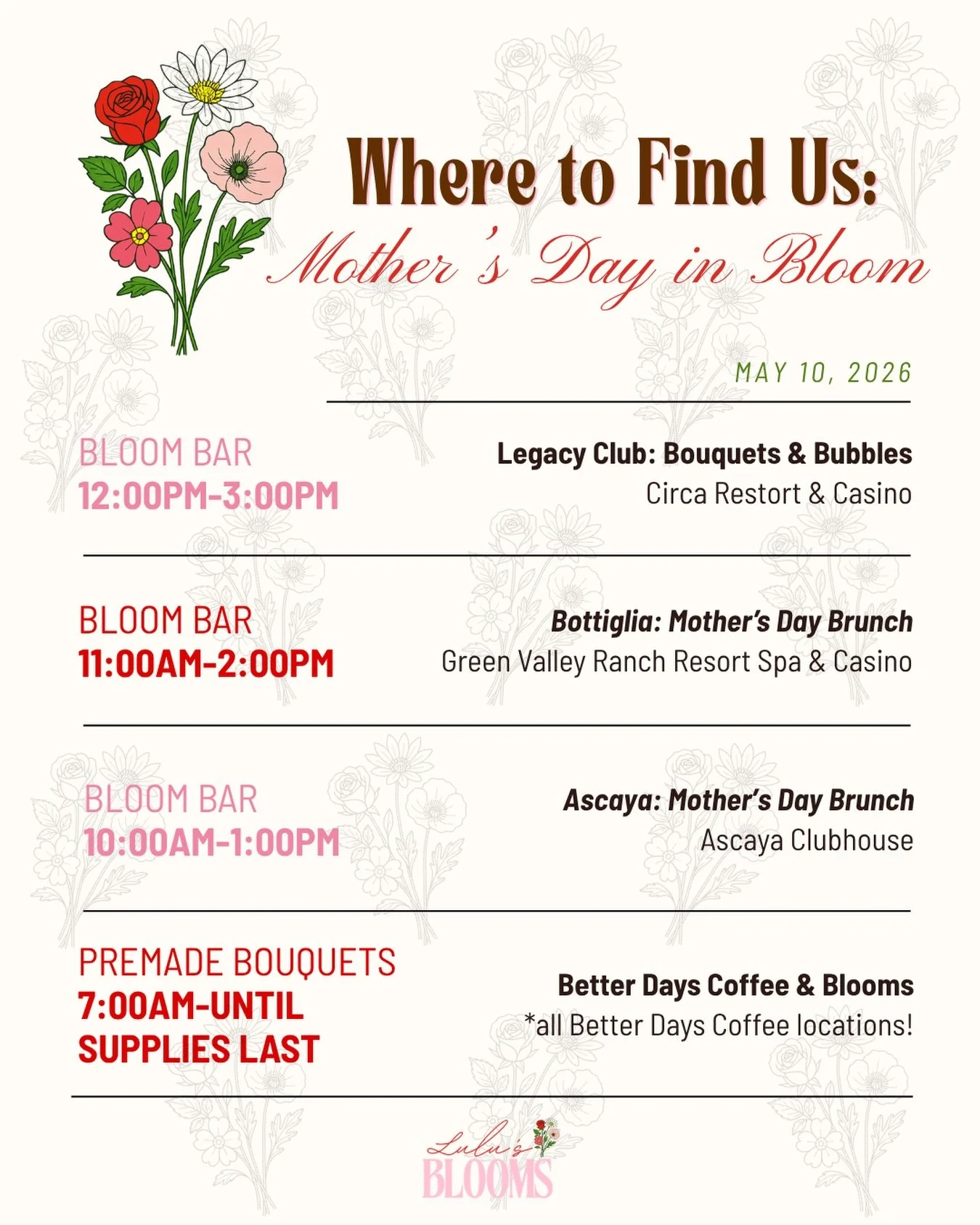 Where to find Lulu&rsquo;s Blooms this Mother&rsquo;s Day! 🌸🌷🌿

We&rsquo;re so excited to be a part of so many beautiful celebrations! Come find us, say hello and hand pick special florals for the amazing moms in your life.

Let us know where we&r