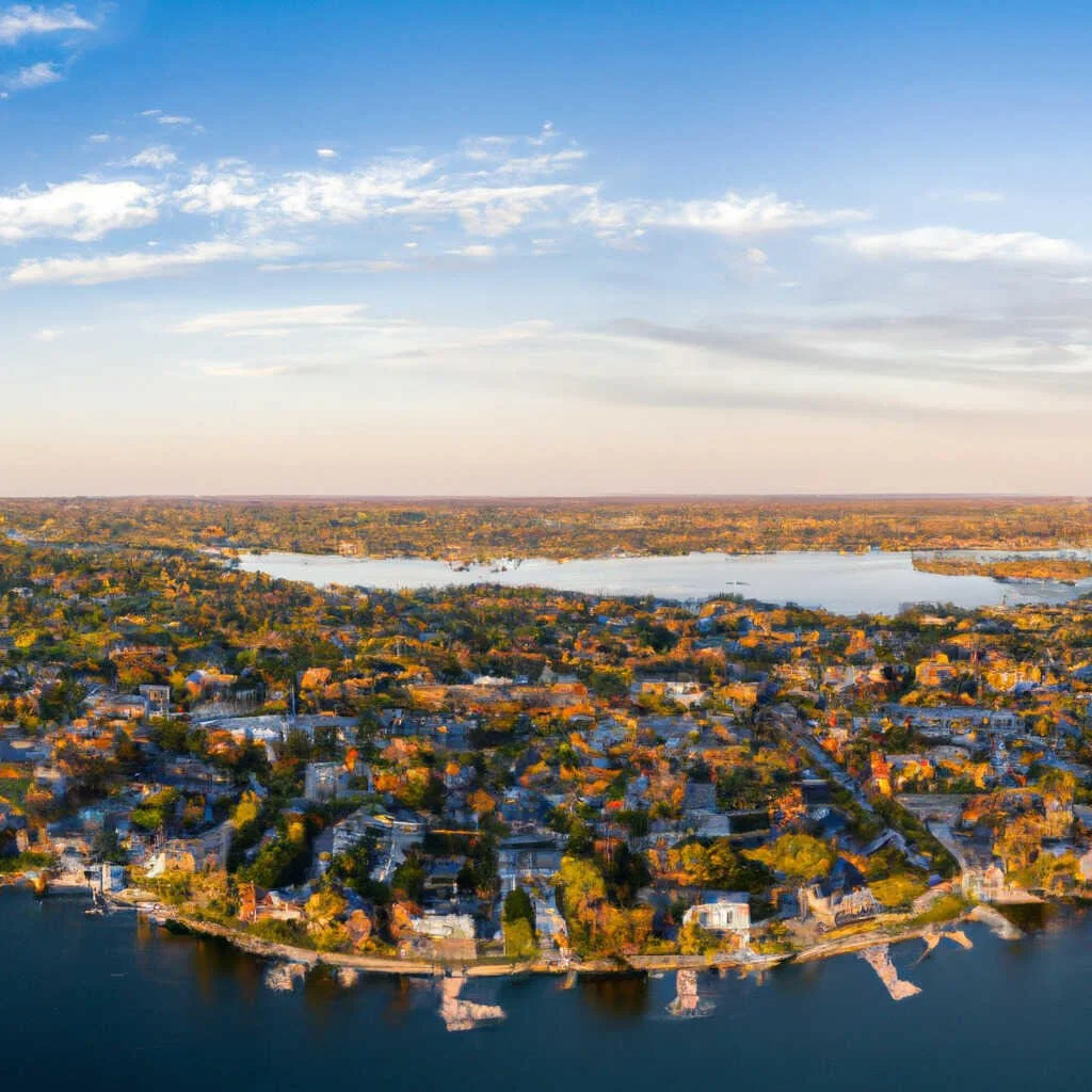 Aerial view of a lakeside town with houses, trees, and boats, under a partly cloudy sky.