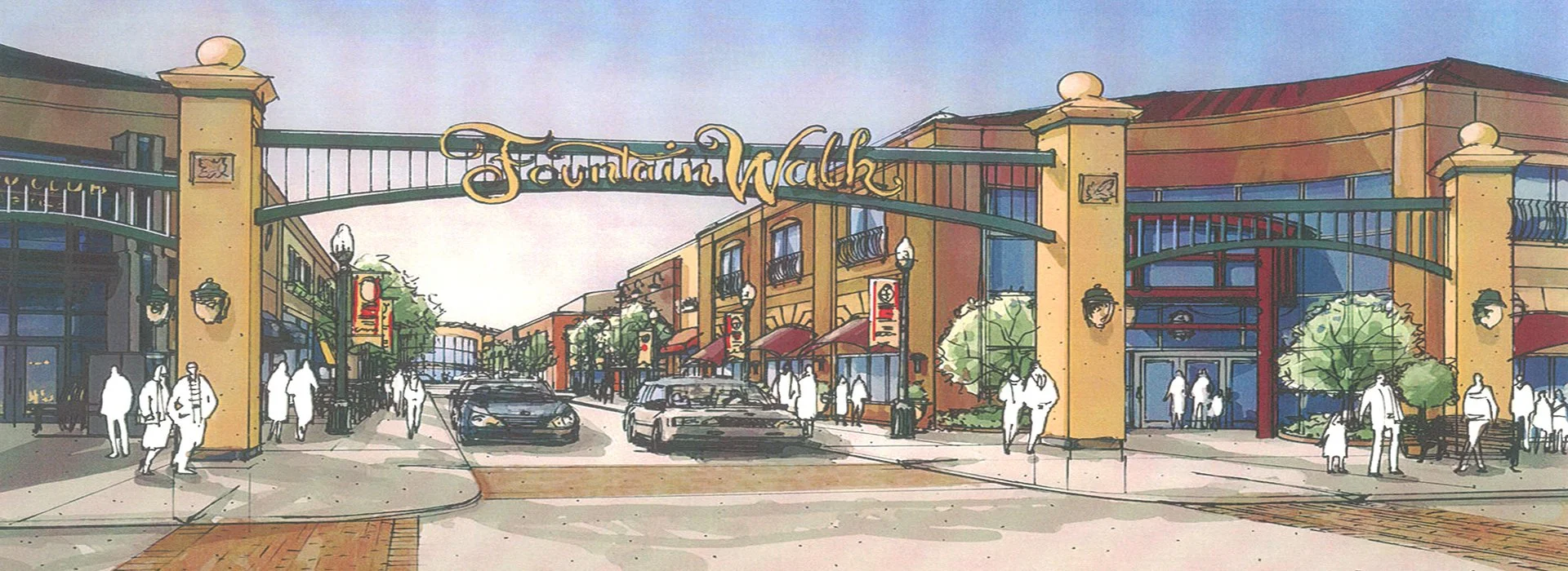 Illustration of an outdoor shopping center with a sign reading 'Jonathan Walk', featuring storefronts, trees, people walking, and cars on the street.