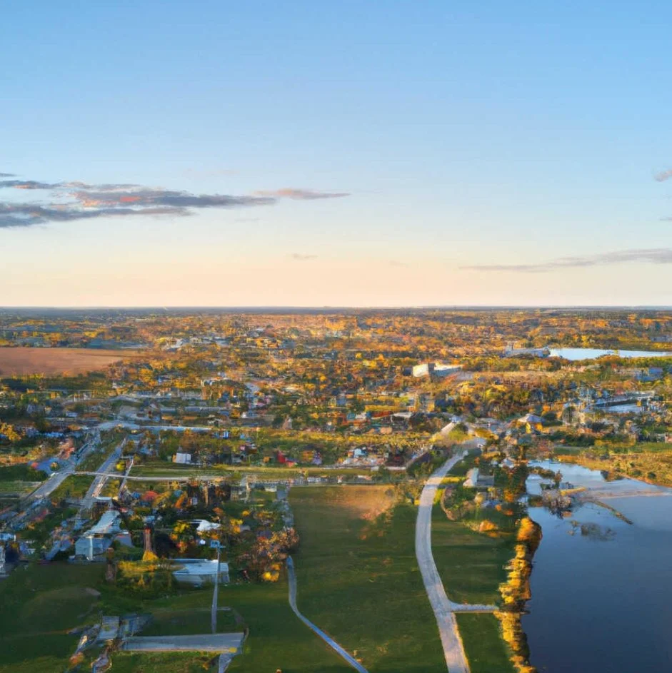 Aerial view of a city with houses, roads, and a river during sunset.