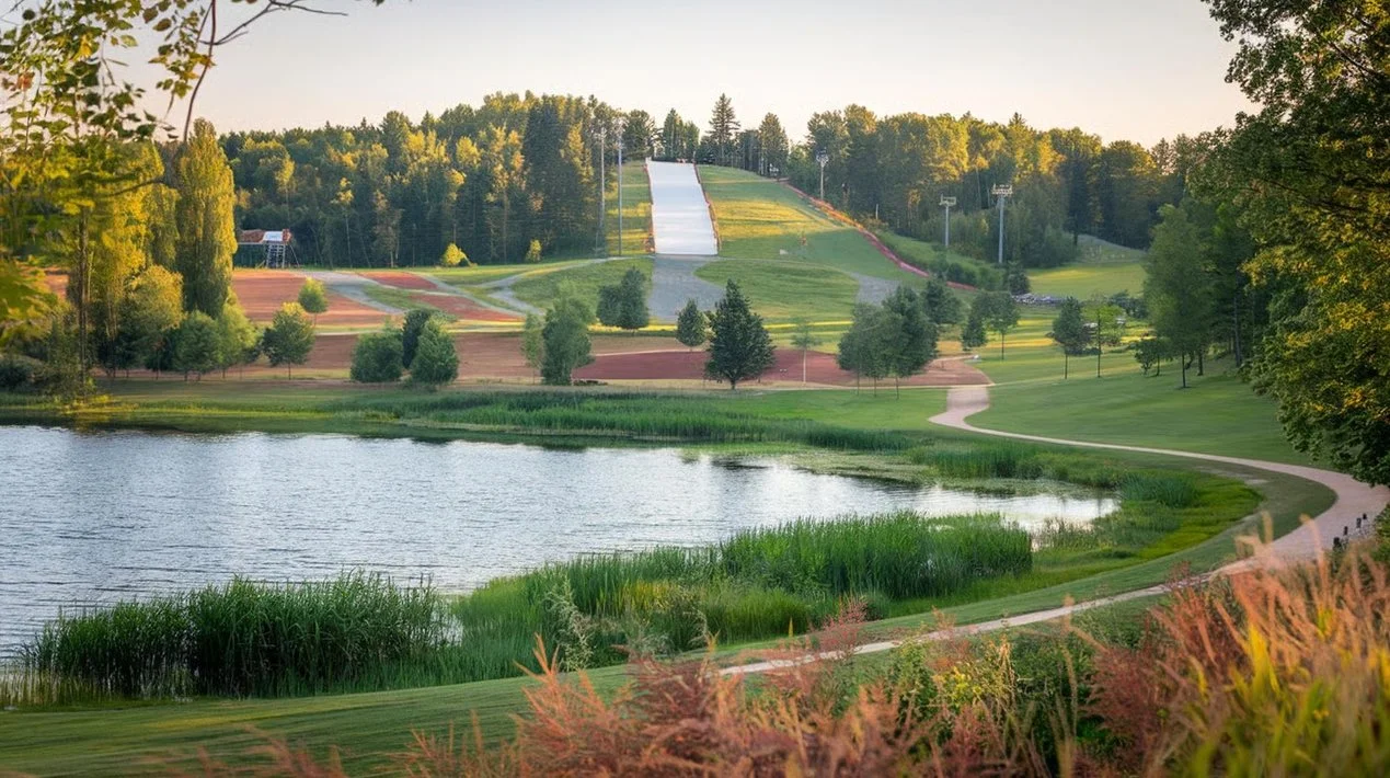 A scenic view of a golf course with a pond, lush green grass, trees, and a ski jump in the background during daytime.