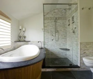 Bathroom with a large white bathtub, glass-enclosed shower with tiled walls, and a toilet. Window with blinds on the left.