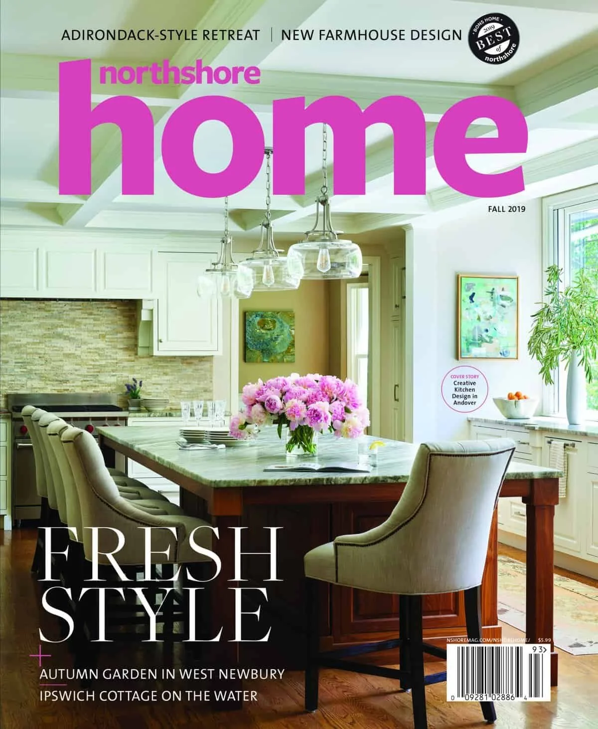 Howell Custom Building Group featured in a cover of Northshore Home magazine featuring a bright, modern kitchen with a large table, pink flowers, and natural light.