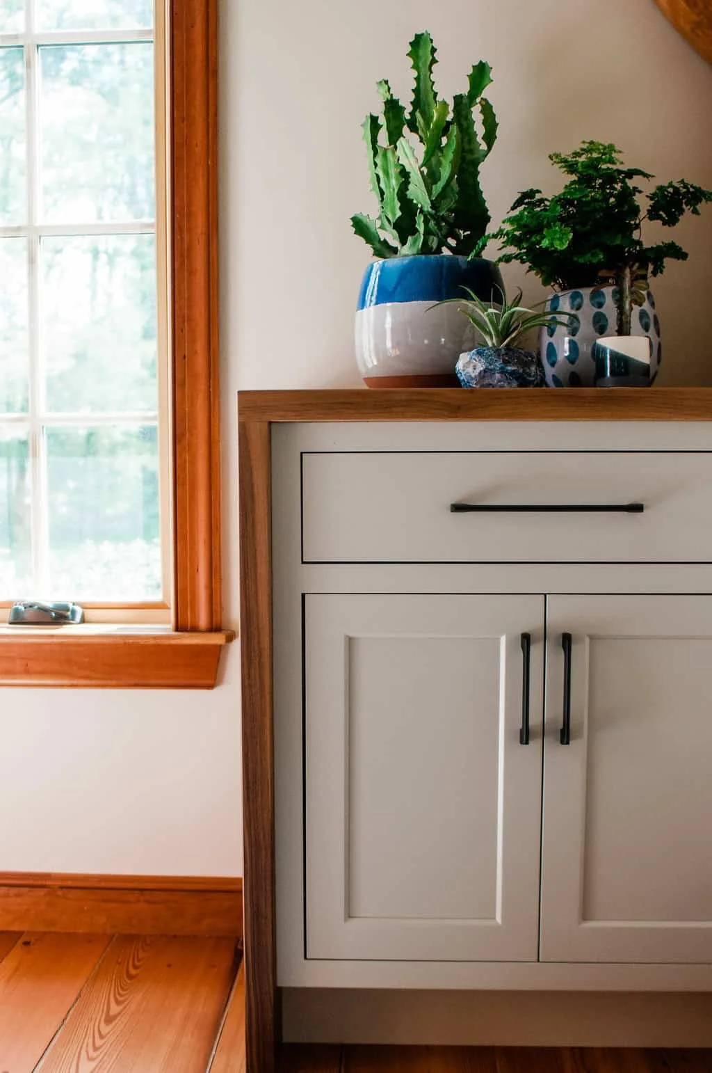 Close-up of a white cabinet with black handles, topped with three potted plants, next to a window with wooden trim, sunlight streaming in.