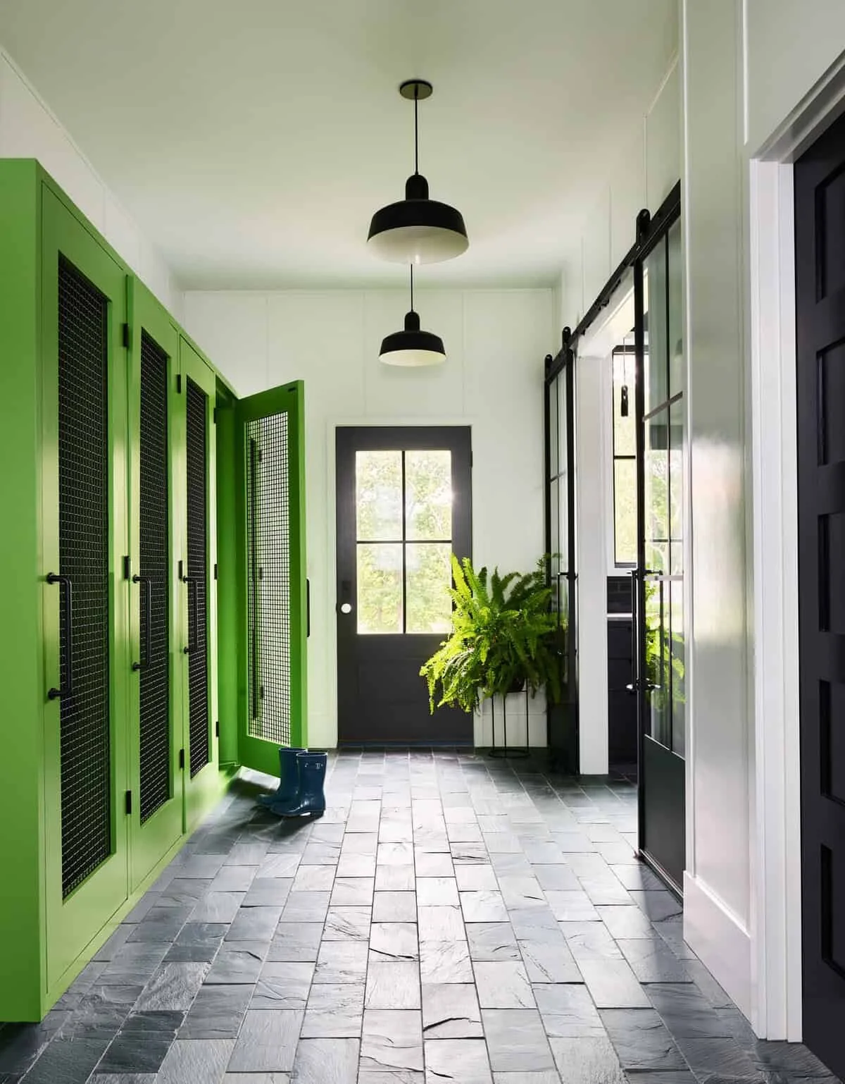 Entryway with green storage cabinets, black and glass sliding door, potted fern plant, black front door with window, slate tile floor, and black hanging pendant lights.