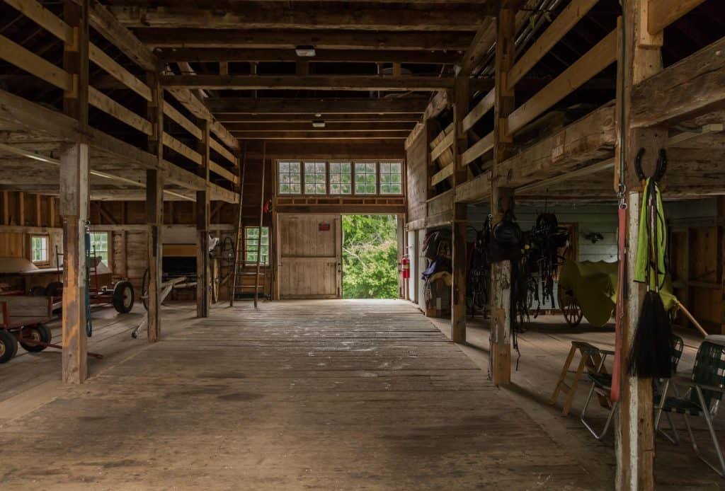 Inside a rustic wooden barn with an open door revealing green trees outside, various horse tack and equipment hanging on the walls, and some benches and carts on the floor.